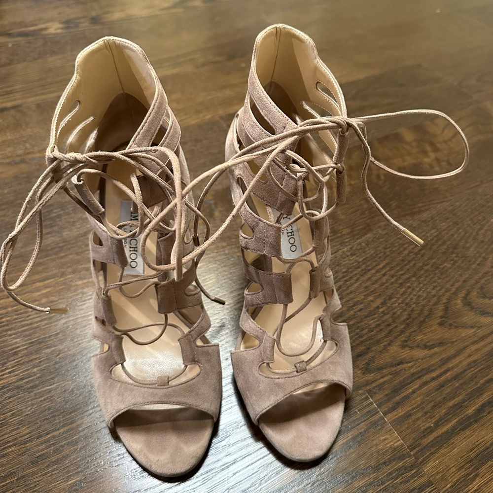 Jimmy Choo Tan Suede Lace-Up Heels